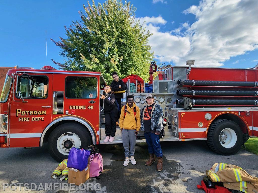 SUNY Potsdam Safety Day 2023- Firefighters bring apparatus to campus and attempt to recruit students. They finish the safety day with a mock dorm burn. 